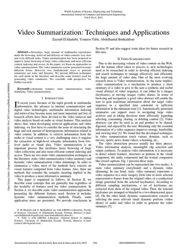 Video Summarization Techniques Overview | PDF | Cluster Analysis | Data ...