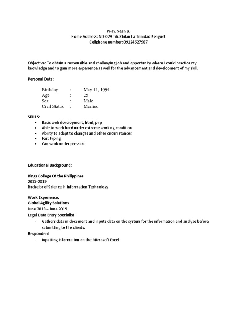 Birthday May 11, 1994 Age 25 Sex Male Civil Status Married PDF