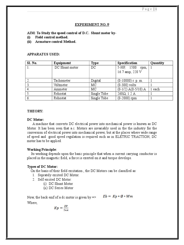 Speed Control of DC Shunt Motor | PDF | Technology & Engineering