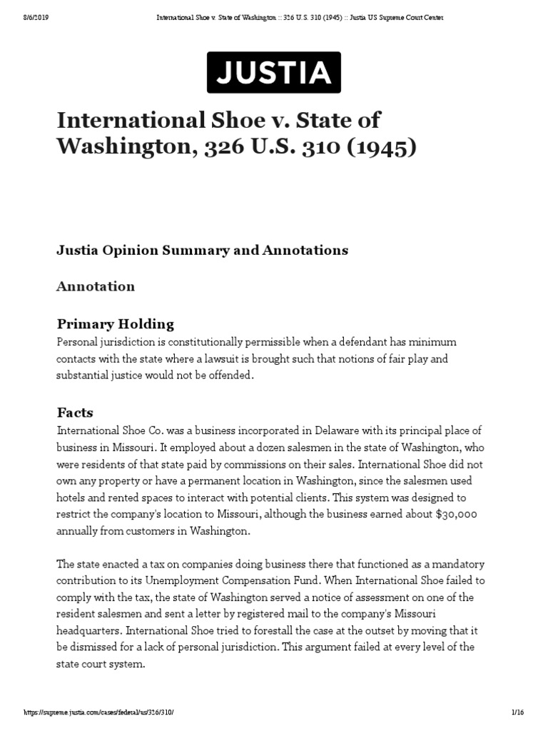 International Shoe v. State of Washington 326 U.S. 310 (1945
