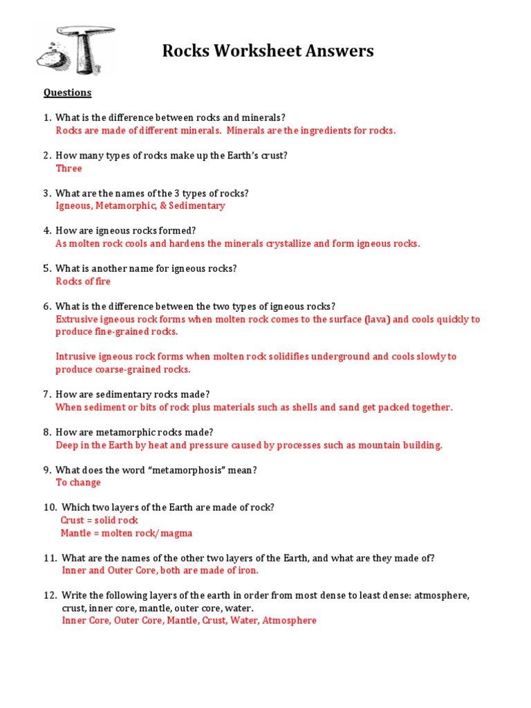 Rocks and Minerals Worksheet Answers | PDF | Rock (Geology) | Igneous Rock