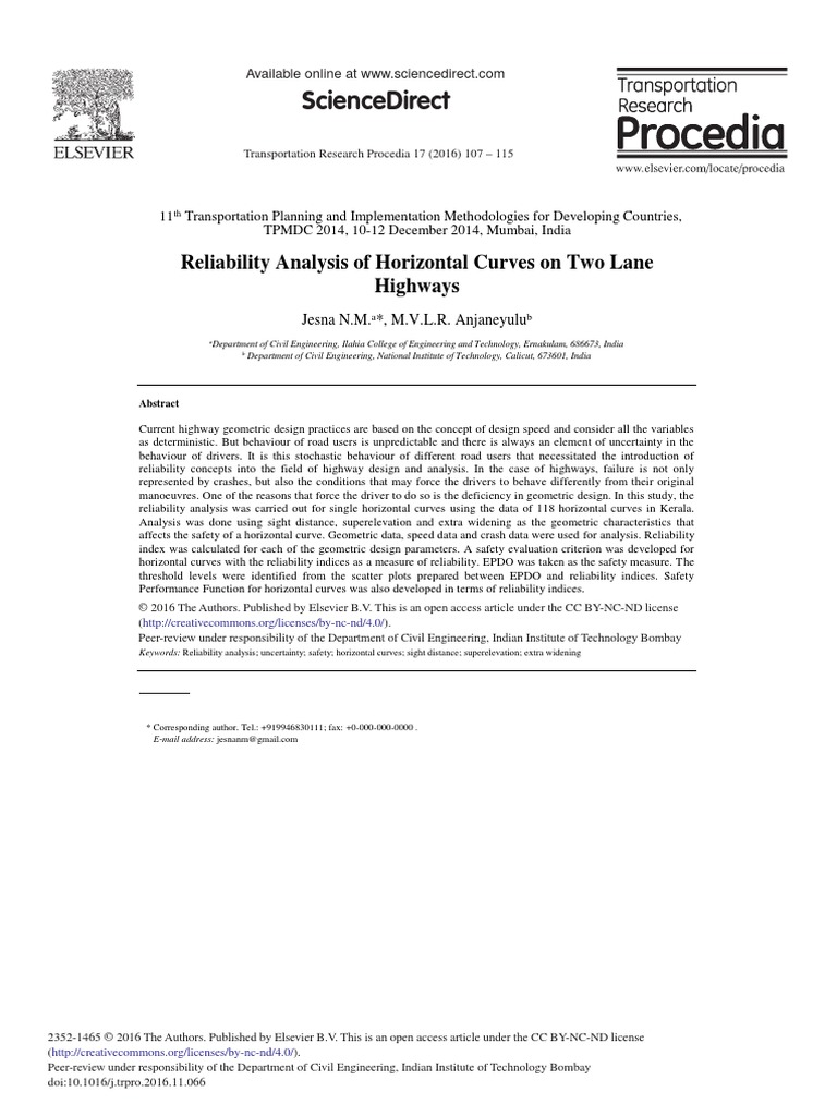 Sciencedirect Reliability Analysis of Horizontal Curves On Two Lane
