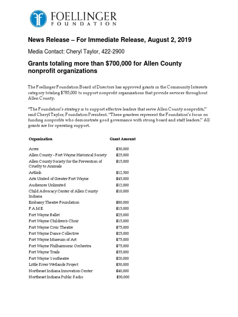 Foellinger Foundation Approves Grants Totaling Over $700,000 | PDF ...