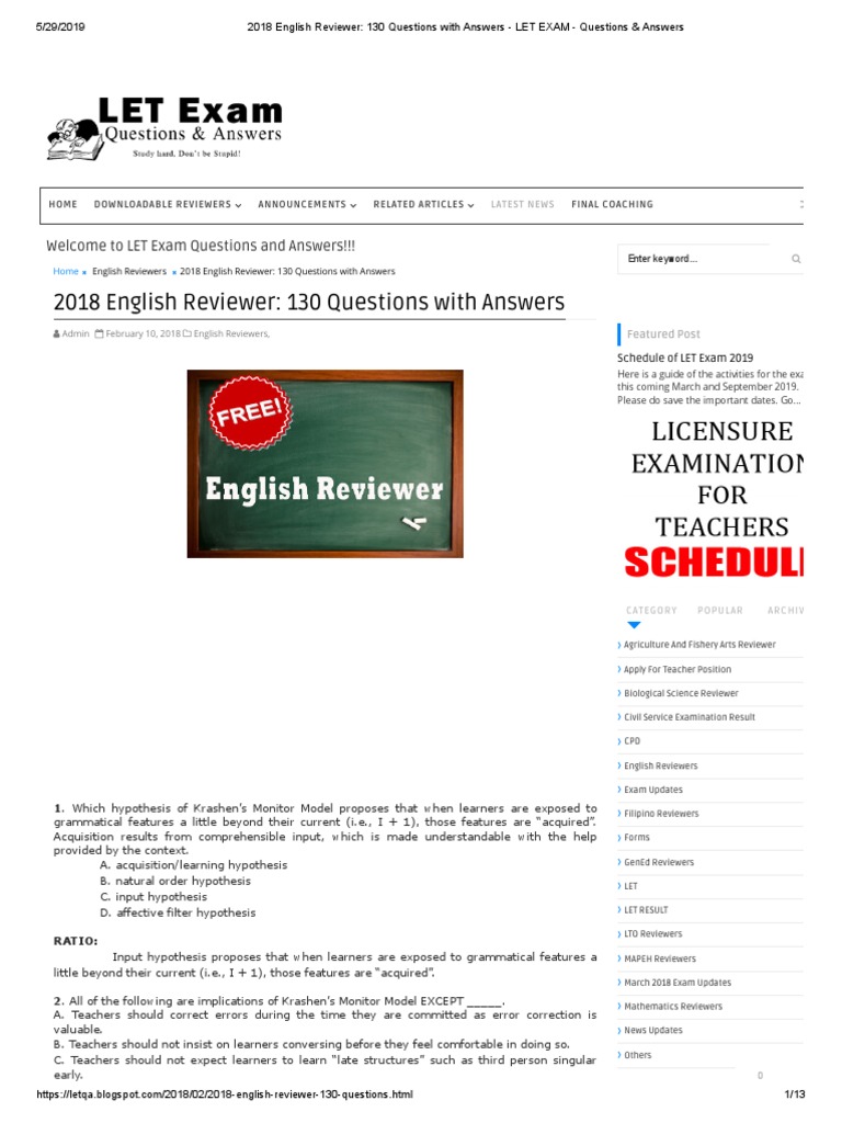 2018 English Reviewer - 130 Questions With Answers - LET EXAM | PDF ...