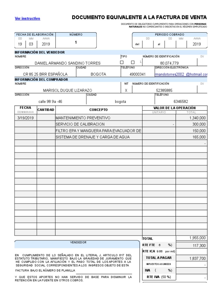 Documento equivalente régimen simplificado 2019