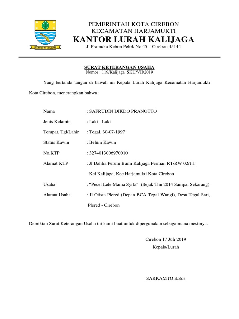 Contoh Surat Keterangan Usaha