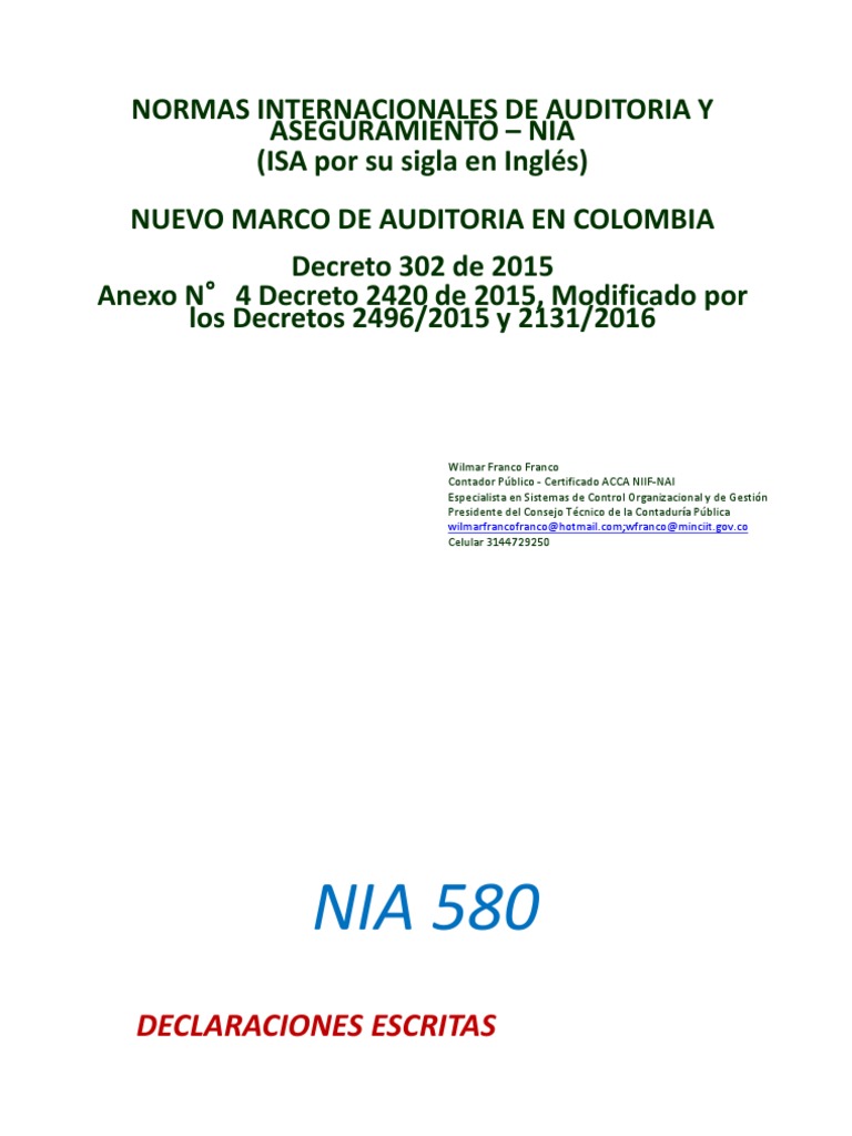 NIA 580 Manifestaciones Escritas | PDF | Auditoría | Contralor
