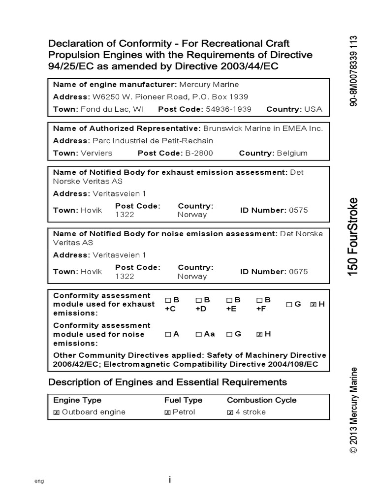 Declaration of Conformity For Recreational Craft Propulsion Engines ...