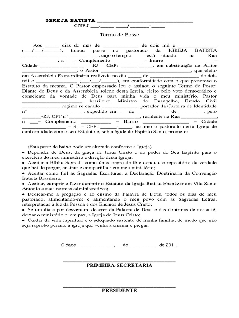 Modelo de Termo de Posse PDF Batistas Igreja católica