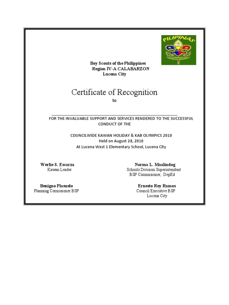 Boy Scouts of the Philippines Recognition Certificate | PDF