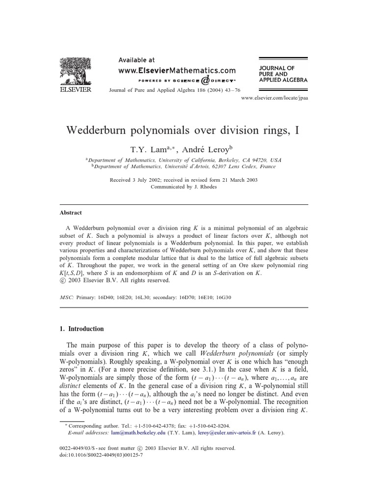 Wedderburn Polynomials Over Division Rings, I T.Y. Lam, Andr, e Leroy