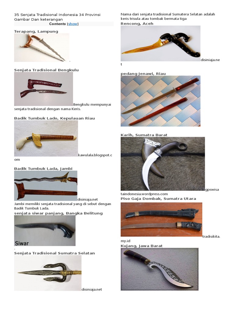 35 Senjata Tradisional Indonesia 34 Provinsi Gambar Dan Nama | PDF