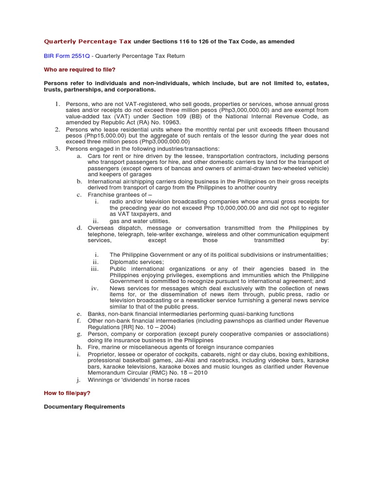 Bir form 2551q under sections 116 to 126 of the tax code as amended