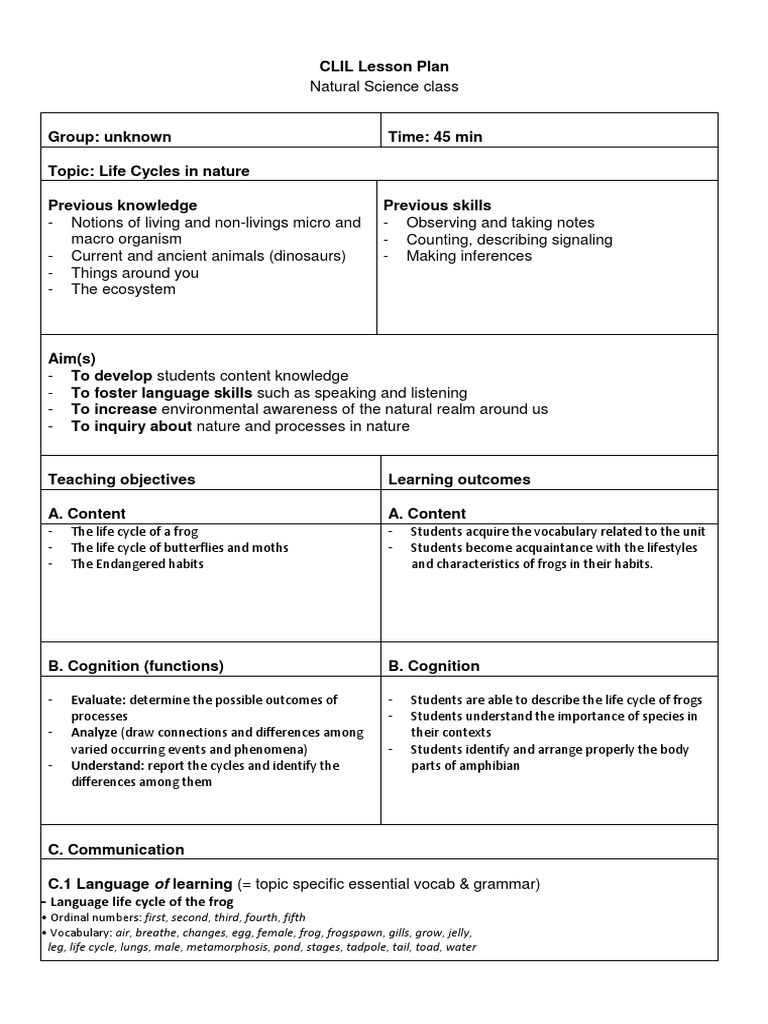 Clil Lesson Plan Template | PDF | Frog | Pupa