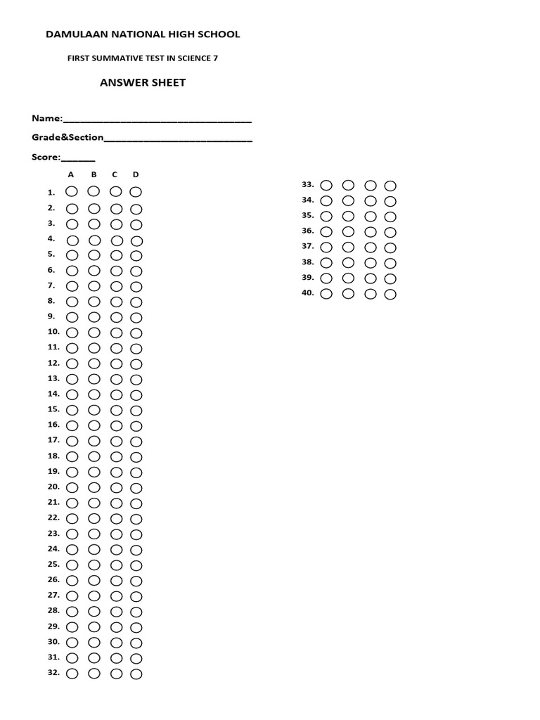 Science 7 Summative Test Answer Sheet | PDF