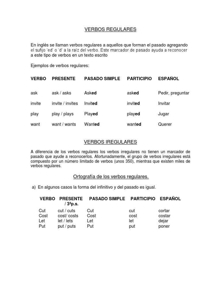 Hojas De Trabajo De Verbos Regulares E Irregulares En Formato Pdf