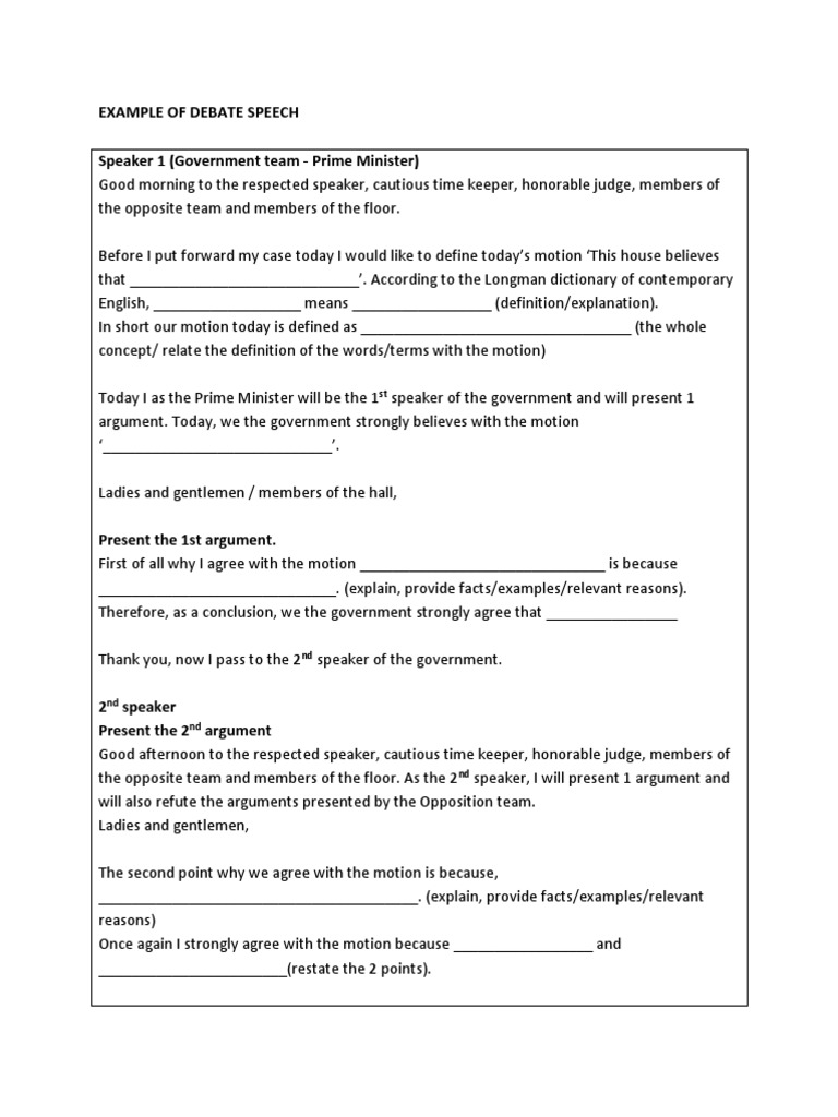 EXAMPLE OF DEBATE SPEECH Argument Definition