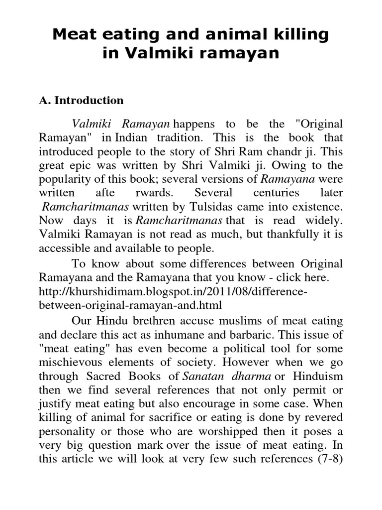 Meat Eating and Animal Killing in Valmiki Ramayan PDF Ramayana Rama