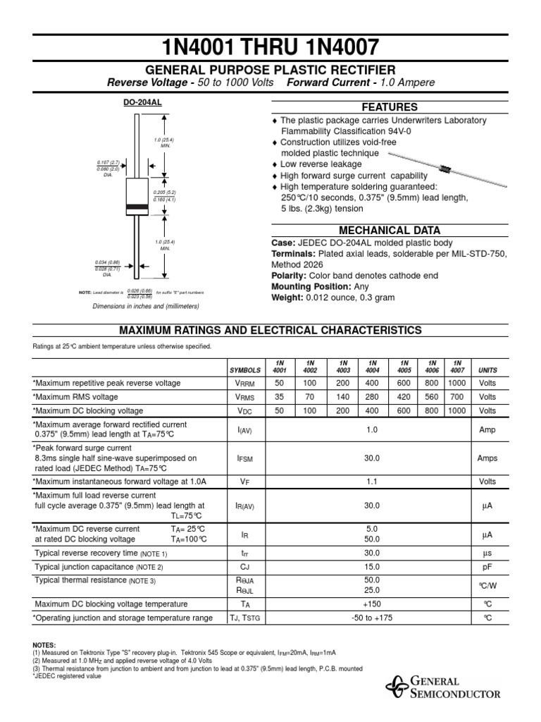 1N4001 THRU 1N4007: General Purpose Plastic Rectifier | PDF | Rectifier ...