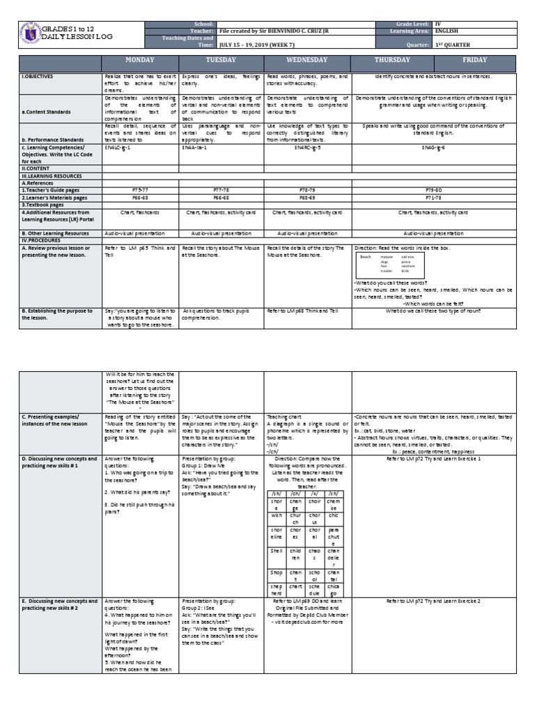 Grade 4 English Daily Lesson Plan | PDF | English Language | Reading ...
