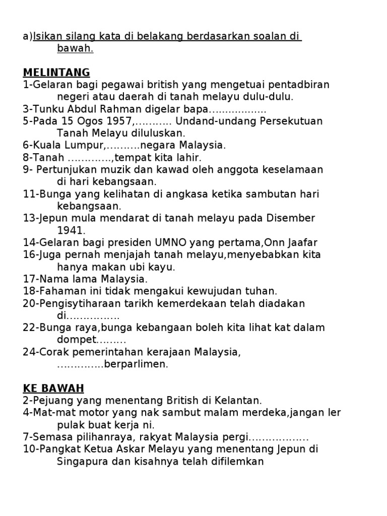 26374034 Soalan Teka Silang Kata Kemerdekaan