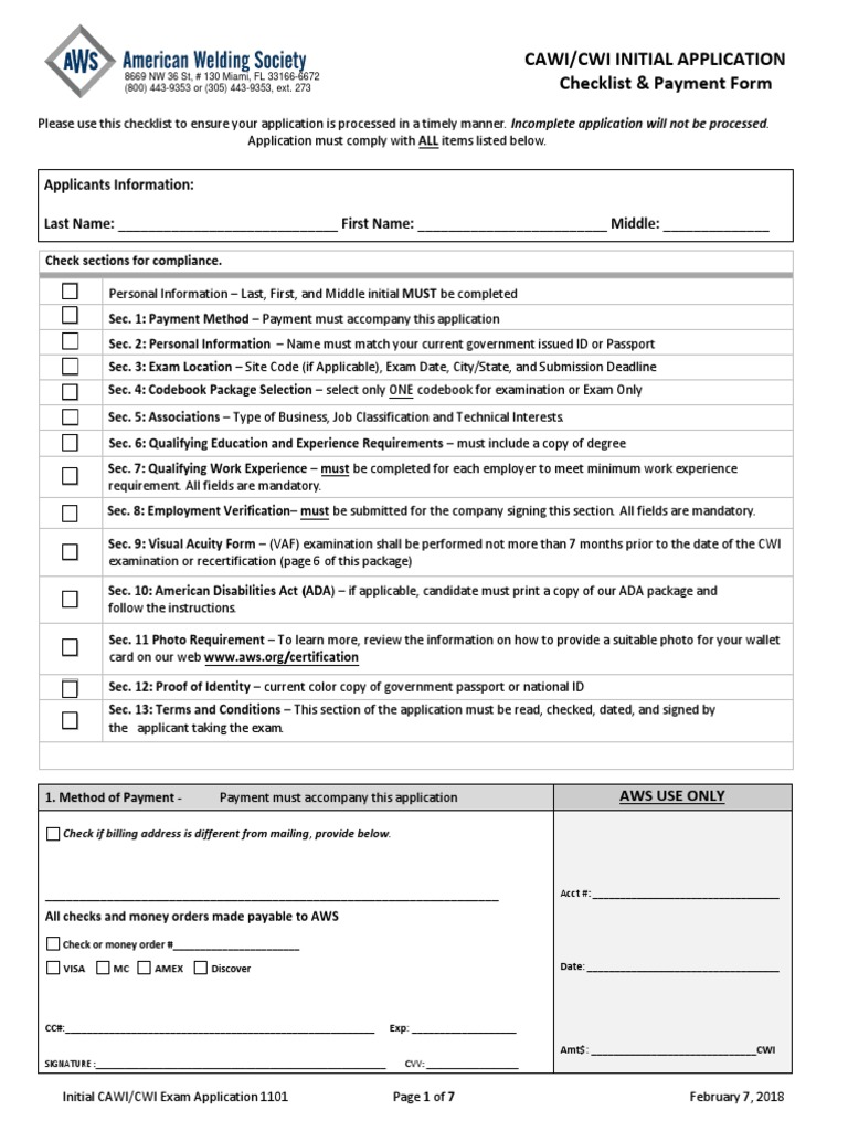 1101 CAWI CWI Initial Exam App 2018 | PDF | Identity Document | Welding