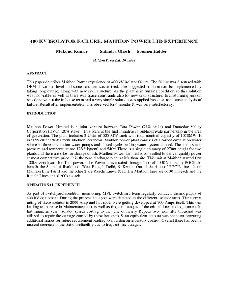 MPL 400 KV Isolator Failure Analysis PDF Electricity Nature