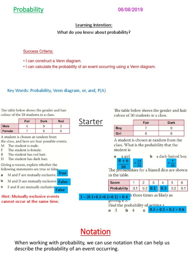 Probability Calculations with Venn Diagrams | PDF | Probability ...