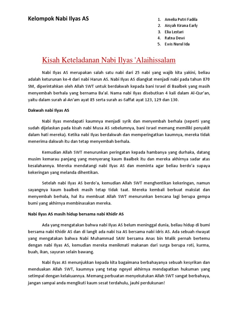 Kisah Teladan Nabi Ilyasa As