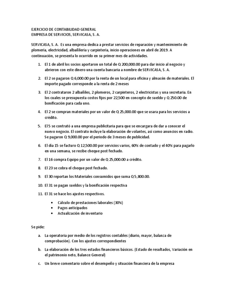 Ejercicio De Contabilidad General Empresa De Servicios Servicasa S