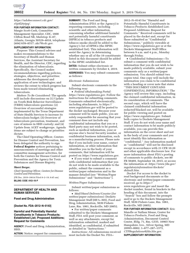 HPHC Proposed Additions (201916658) PDF Federal Food Food And