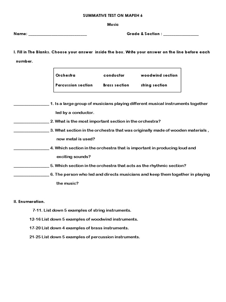 Orchestra Instruments Summative Test | PDF | Musical Instruments ...