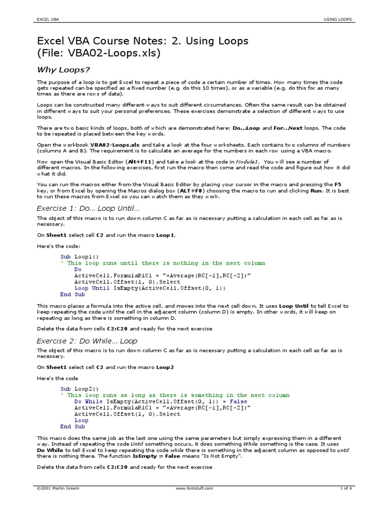 Excel VBA Course Notes 2 - Loops | PDF | Microsoft Excel | Areas Of ...