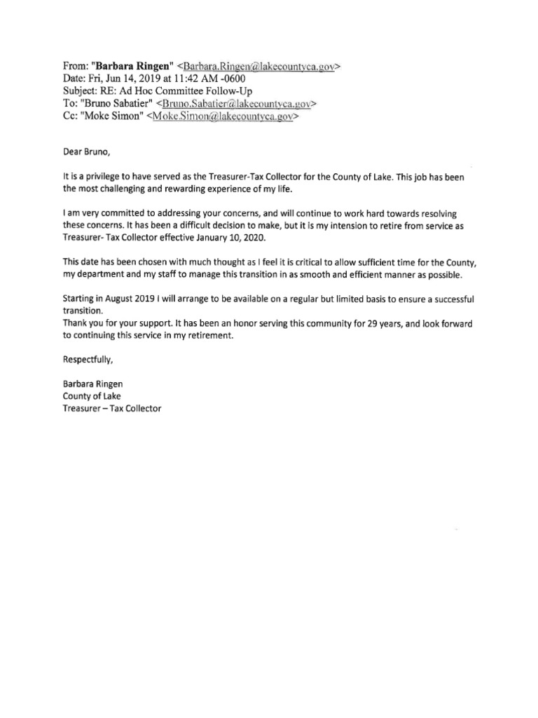 Lake County TreasurerTax Collector Resignation Email