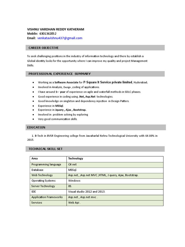IT Career Profile: Vishnu Vardhan | PDF | Microsoft Sql Server | Ajax ...