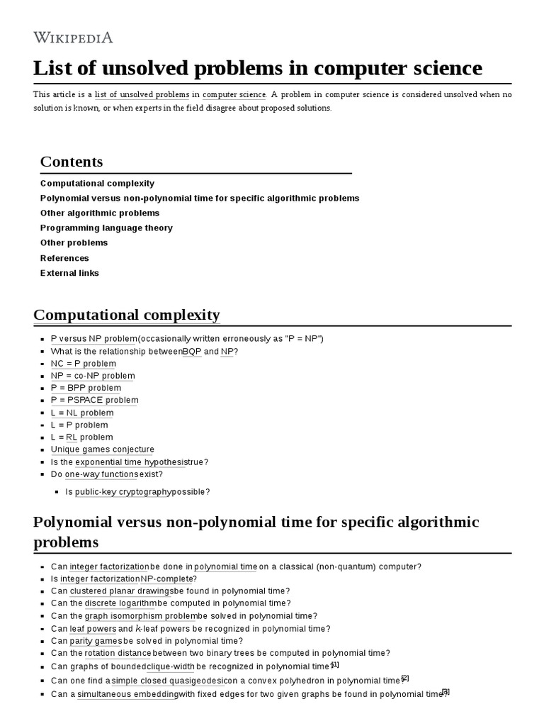 List of Unsolved Problems in Computer Science | PDF | Time Complexity ...