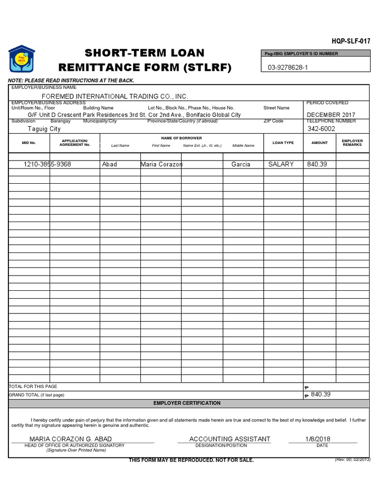 Pag-IBIG Short-Term Loan Remittance Form | PDF | Loans | Government
