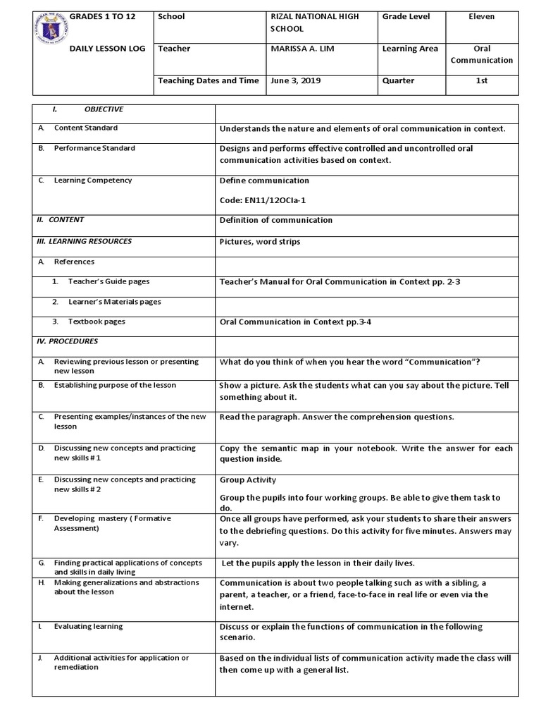 Daily Lesson Log: Oral Communication Grade 11 | PDF | Learning ...