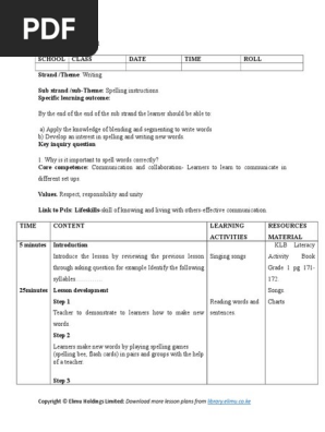 Grade 1 Literacy lesson plan.. Cbc