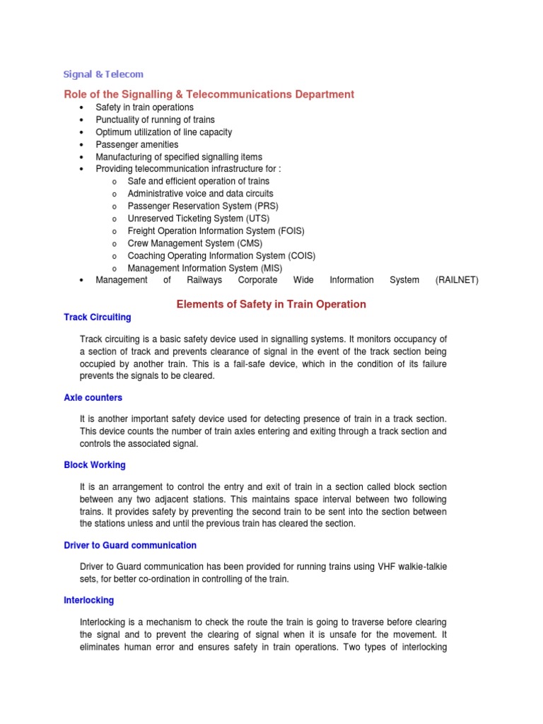 Role of The Signalling & Telecommunications Department: Signal ...
