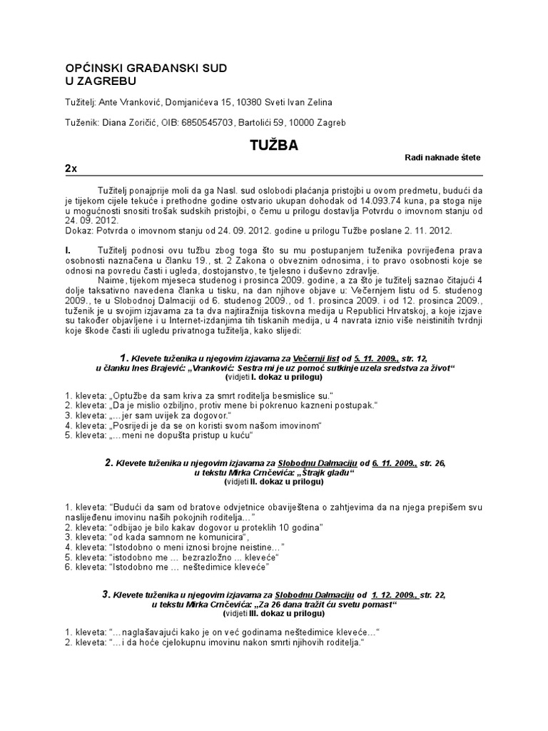Tužba Naknada Štete 2 11 2012 | PDF