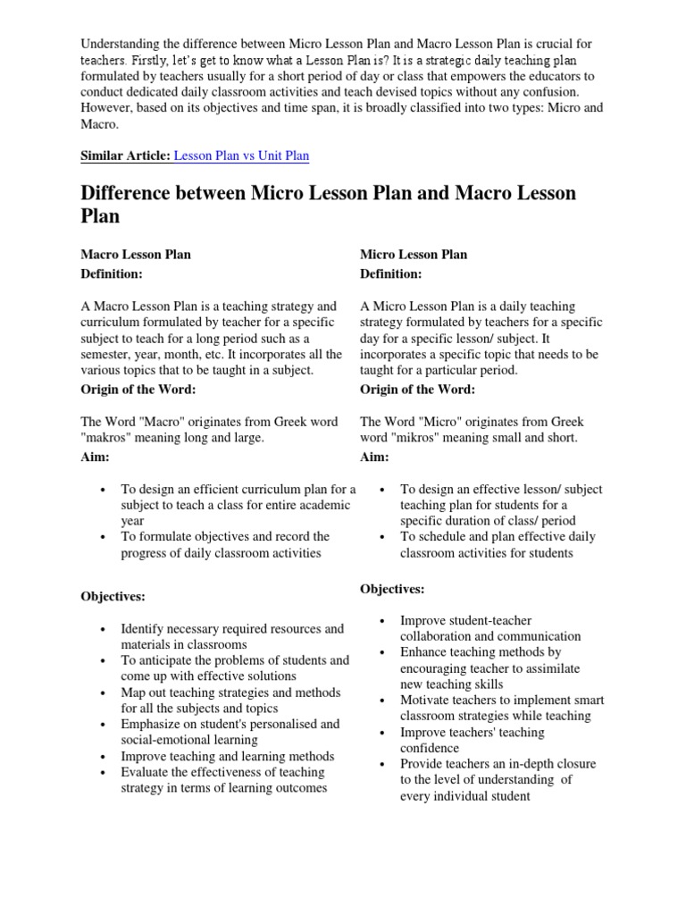 Difference Between Micro Lesson Plan and Macro Lesson Plan: Similar ...