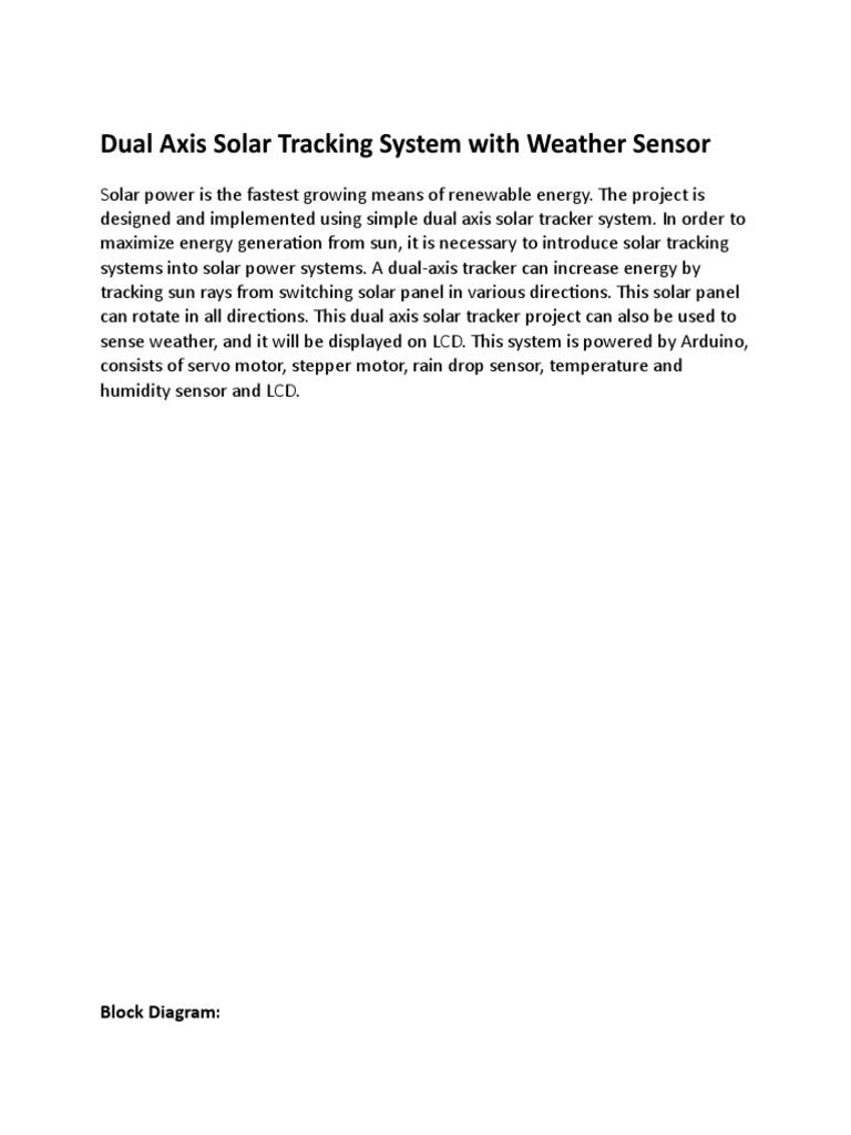 Dual Axis Solar Tracking System With Weather Sensor: Block Diagram | PDF