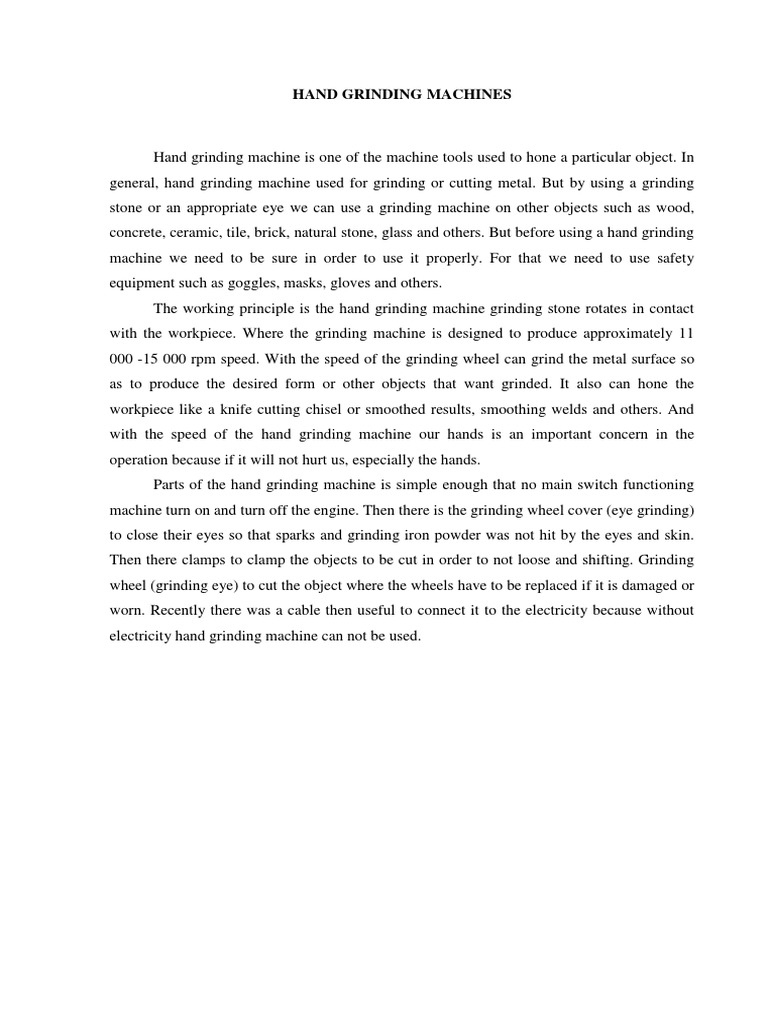 Hand Grinding Machine Overview and Parts | PDF | Grinding (Abrasive ...