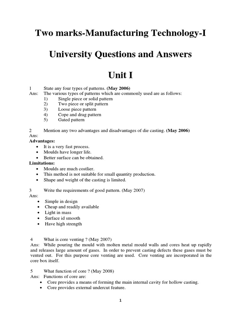 Two Marks-Manufacturing Technology-I University Questions and Answers ...