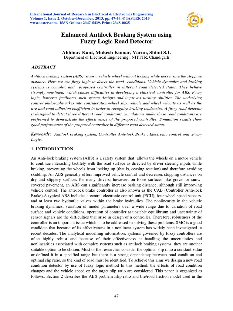 8enhanced Antilock Braking System Using Fuzzy Logic Road Detector