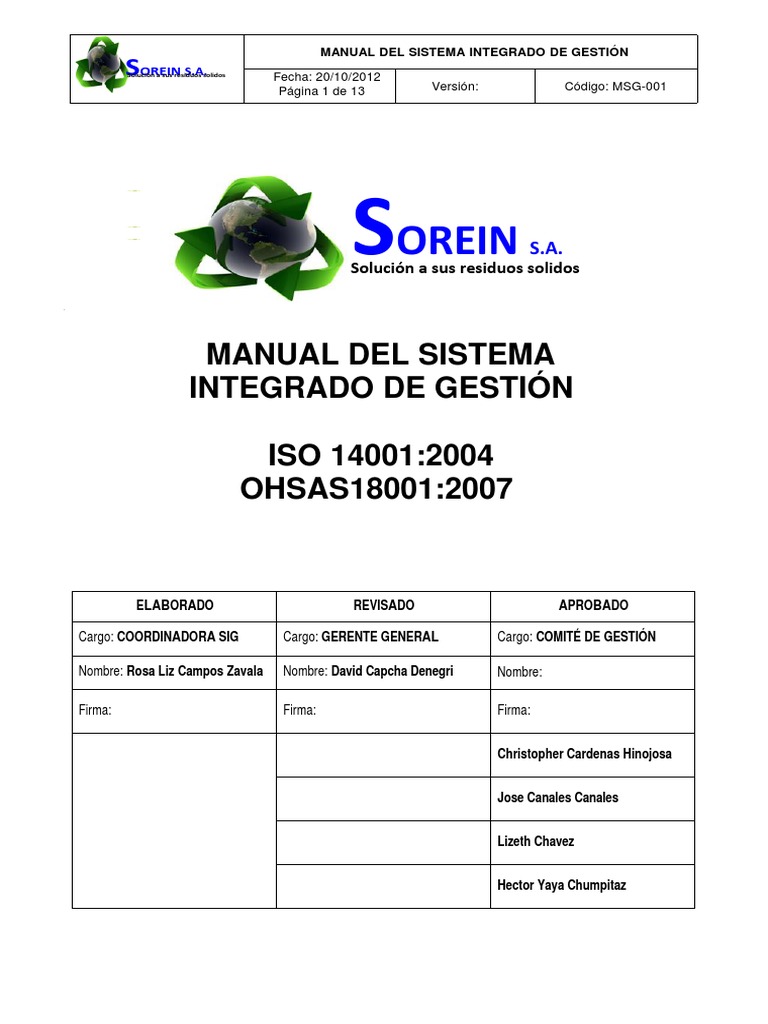 Msg-001 Manual Del Sistema Integrado de Gestión | PDF | Seguridad y ...