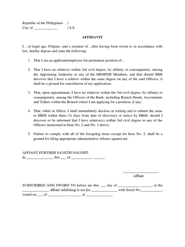 Affidavit of No Relatives Template | PDF | Finance & Money Management ...