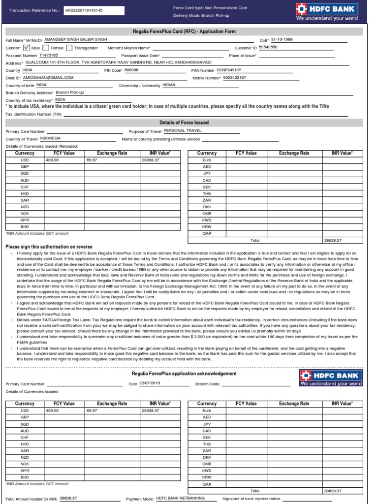 Regalia Forexplus Card (RFC) - Application Form | PDF | Identity Document |  Reserve Bank Of India