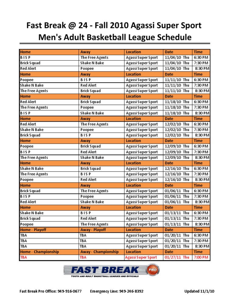 Fall 2010 Agassi Schedule Final | PDF | Sports | National Football League